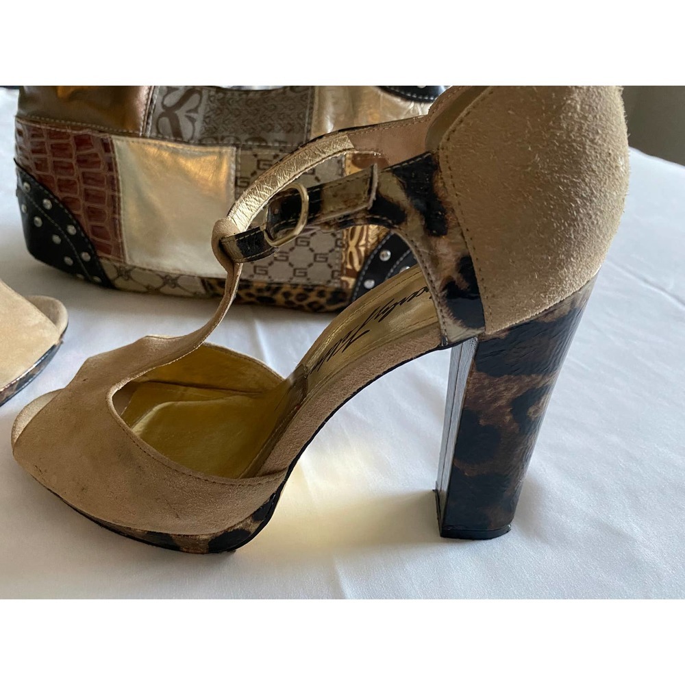 Block Heels Pumps 7.5 Peep Toe Suede Leopard UNIQUE